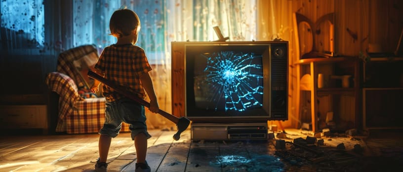 A small child with a hammer surveys a broken TV in a room bathed in twilight. The dramatic lighting casts shadows, emphasizing the gravity of the mishap
