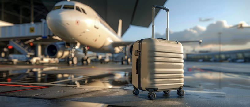 A suitcase awaits its owner's journey at the airport, with the golden hour sun casting a warm glow on an aircraft in the background. It's a moment of travel and possibilities