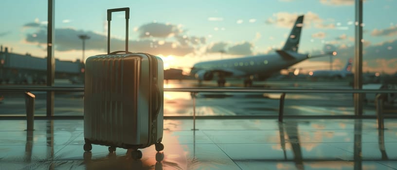 The setting sun reflects on the glossy airport floor, with a suitcase in the foreground and an airplane silhouetted against the vibrant sky. It's a time of transition and expectation