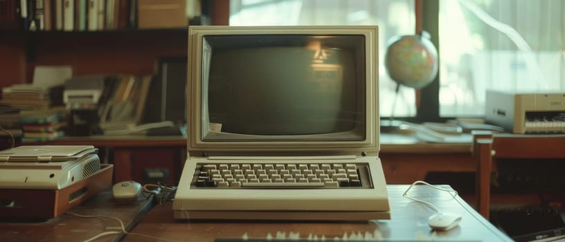 A retro computer monitor and keyboard rest on a cluttered wooden desk, surrounded by books and old tech. The composition offers a nostalgic glimpse into the past of computing