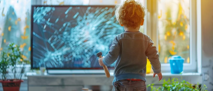 A curly-haired toddler wields a toy hammer, entranced by the shattered screen graphics on the TV. The juxtaposition of child's play and digital effects suggests a story of adventure