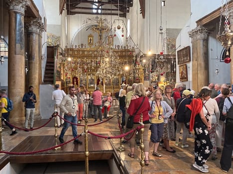 Bethlehem, Israel - May 19, 2023: people visit the church of Nativity in Jerusalem.