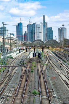 Frankfurt, Germany - May 24, 2023: view to skyline of Frabkfurt when entering the central train station by train.