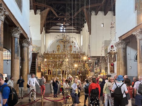 Bethlehem, Israel - May 19, 2023: people visit the church of Nativity in Jerusalem.