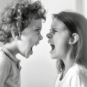 A black and white image captures a child and woman in mid-shout, their faces a tableau of raw emotion and familial tension