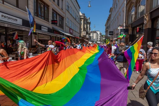 Wiesbaden, Germany - May 27, 2023: people enjoy the christopher street parade in Wiesbaden with rainbow flags and beaufiful costumes.