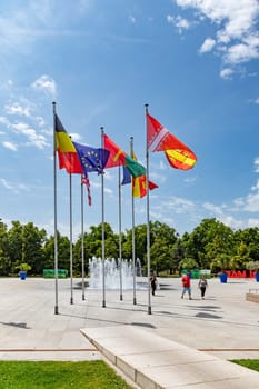 Colmar, France - June 21, 2023: flags of the contries of the european union at Rapp square in Colmar, France