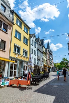 Montabaur, Germany - June 15, 2023: people enjoy visiting old town of Montabaur with lovingly restored half-timbered buildings from the 16th and 17th centuries.