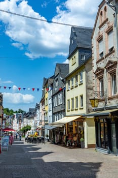 Montabaur, Germany - June 15, 2023: people enjoy visiting old town of Montabaur with lovingly restored half-timbered buildings from the 16th and 17th centuries.