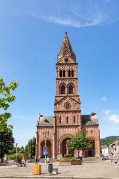 Munster, France - June 21, 2023: The imposing 19th century Protestant Church in the commune of Munster, France, in the Haut-Rhin department in Grand Est in Northeastern France.