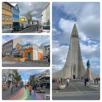 Reykjavík, Iceland - July 14, 2023: collection of different view to landmarks in the center of Reykjaivk, Iceland