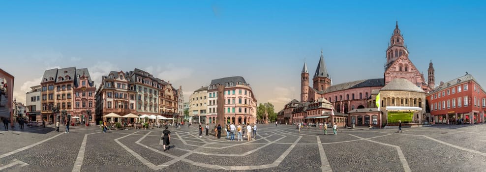 Mainz, Germany - July 5, 2023: The market square in the old town of Mainz, Germany with cathedral.