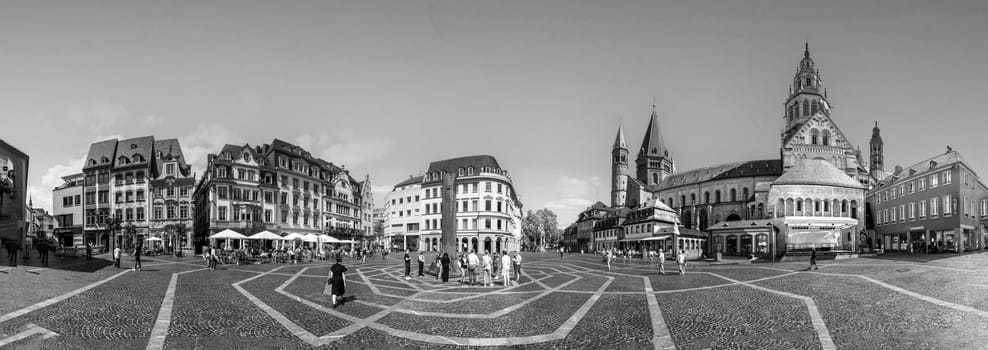 Mainz, Germany - July 5, 2023: The market square in the old town of Mainz, Germany with cathedral.