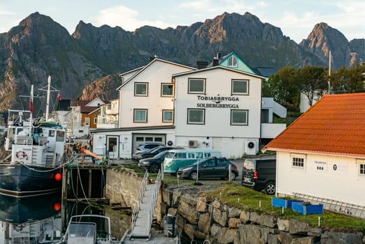 Henningsvaer, Norway - August 27, 2023: harbor view of scenic small village of Henningsvaer in Norway.
