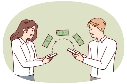 Man and woman use bank application on their phone to transfer money via Internet. Guy and girl with smartphones use mobile network for investment or financial transactions