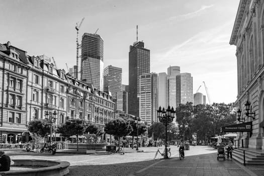 Frankfurt, Germany - October 10, 2023: view to modern skyline of Frankfurt with skyscraper mostly owned by banks.