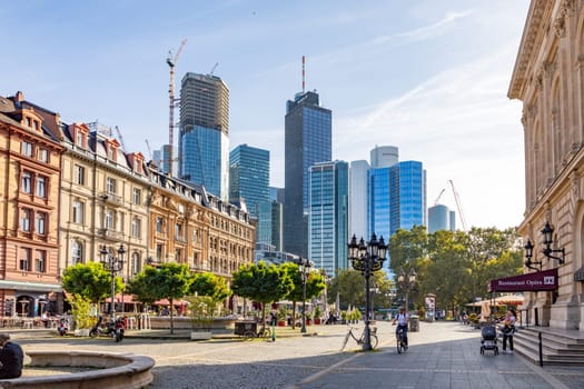 Frankfurt, Germany - October 10, 2023: view to modern skyline of Frankfurt with skyscraper mostly owned by banks.
