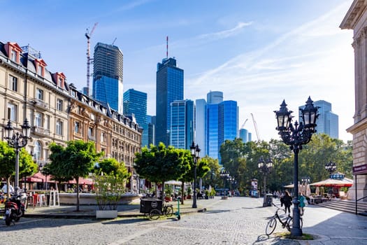 Frankfurt, Germany - October 10, 2023: view to modern skyline of Frankfurt with skyscraper mostly owned by banks.
