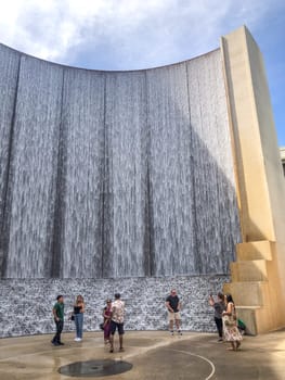 Houston, USA - October 21, 2023: scenic water wall in Houston  built in 1985 with 11000 Gallons water per minute with reminiscent of an ancient roman theater stage.