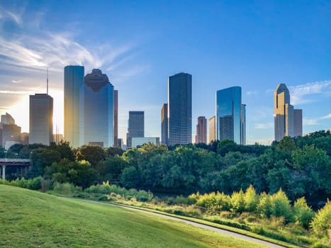 Houston, USA - November 1, 2023: skyline of Housdon under blue sky.