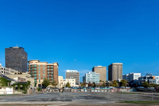 Baton Rouge, USA - October 23, 2023: downtown view in Baton Rouge at skyline and old abandoned parking lot.