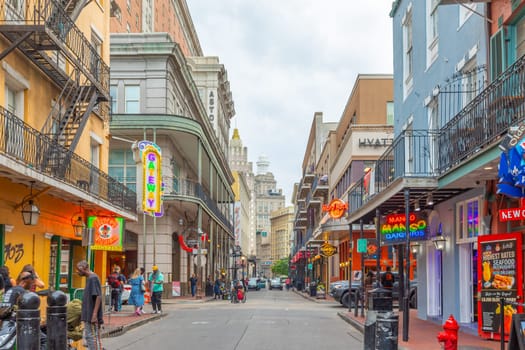 New Orleans  USA - October 24, 2023: Pubs and bars with neon lights in the French Quarter, downtown New Orleans.