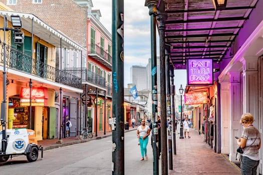 New Orleans  USA - October 24, 2023: Pubs and bars with neon lights in the French Quarter, downtown New Orleans.