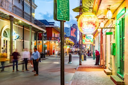 New Orleans  USA - October 24, 2023: Pubs and bars with neon lights in the French Quarter, downtown New Orleansc.
