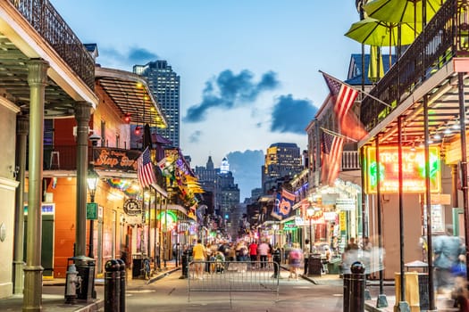 New Orleans  USA - October 24, 2023: Pubs and bars with neon lights in the French Quarter, downtown New Orleansc.