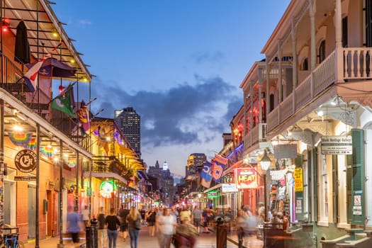 New Orleans  USA - October 24, 2023: Pubs and bars with neon lights in the French Quarter, downtown New Orleansc.