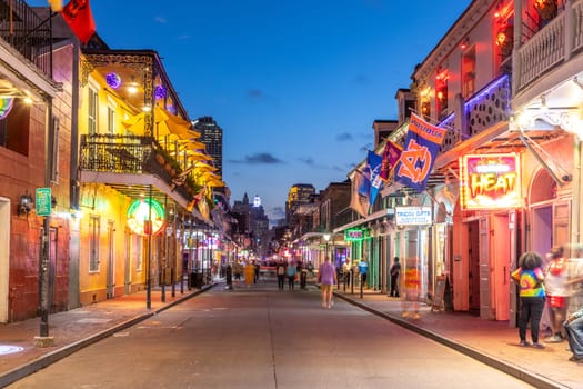 New Orleans  USA - October 24, 2023: Pubs and bars with neon lights in the French Quarter, downtown New Orleansc.