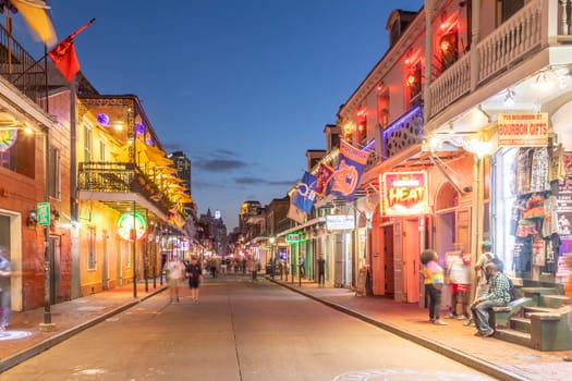 New Orleans, USA - October 24, 2023: Pubs and bars with neon lights in the French Quarter, downtown New Orleans..
