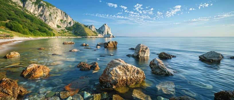Morning light bathes a rugged coastal landscape, with towering cliffs descending into a serene sea. The interplay of light and shadow accentuates the textures of the rocks and water