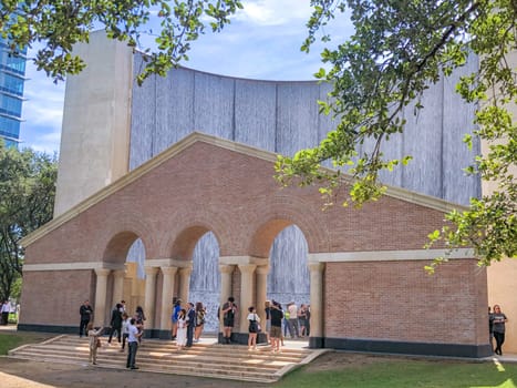 Houston, USA - October 21, 2023: scenic water wall in Houston  built in 1985 with 11000 Gallons water per minute with reminiscent of an ancient roman theater stage.