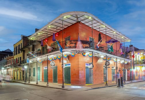 New Orleans - USA - October 24, 2023: Pubs and bars with neon lights in the French Quarter, downtown New Orleans.