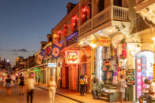 New Orleans, USA - October 24, 2023: Pubs and bars with neon lights in the French Quarter, downtown New Orleans.