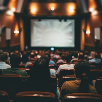 Audience in a cinema, watching a bright screen, captured from behind. The room is dark and the seats are red