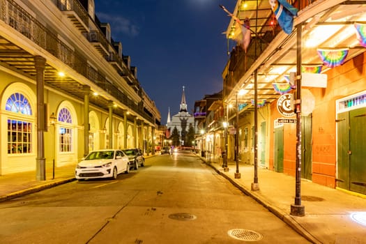 New Orleans, USA - October 24, 2023: Pubs and bars with neon lights in the French Quarter, downtown New Orleans.