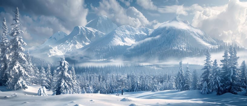 A panoramic vista unfolds showing snow-covered mountains under a bright sky, with forested slopes fading into misty valleys. The tranquility of the scene is palpable