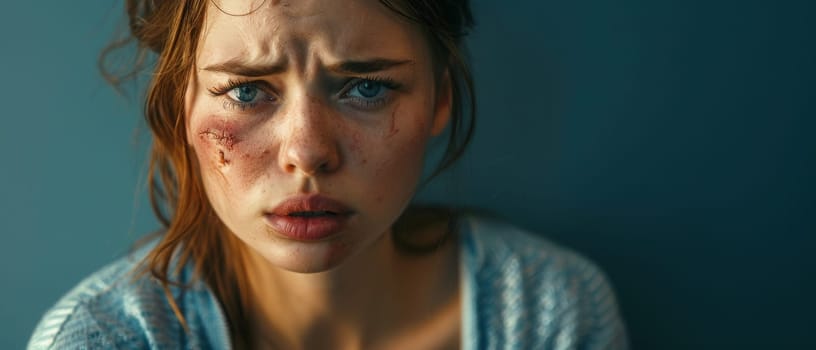 A young woman looks forlorn, her face marred by scars and bruises, a testament to her silent endurance of domestic abuse