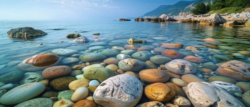 A panoramic view of a serene beach, where smooth pebbles lie beneath crystal-clear waters, bordered by rugged cliffs under a serene sky. The scene is a natural mosaic of earth's elements