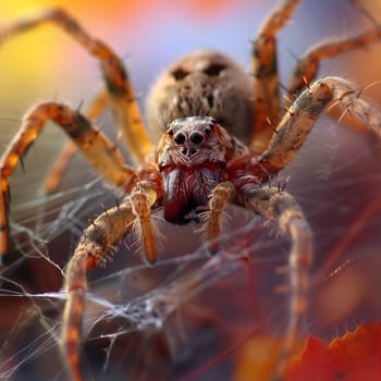 Close-up of a detailed spider, showcasing its eyes and hairy legs, set against a vibrant, blurred background