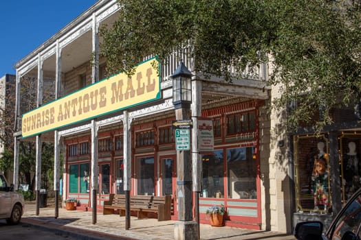 Kerrville, USA - November 1, 2023: old historic western house with balcony and historic decoration in Kerrville, Texas, USA.