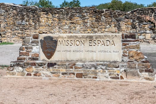 San Antonio, USA - October 31, 2023: view to signage Mission Espada at San antonio missions national historical park at San Antonio mission trail, an Unesco world heritage site.