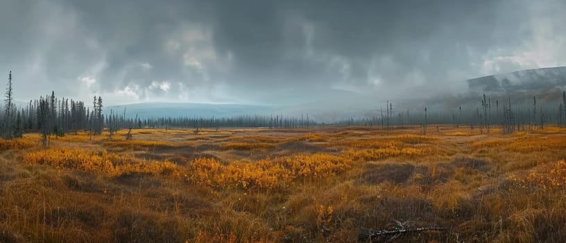 Golden fields under a dramatic overcast sky create a striking contrast in this vast landscape, where the beauty of the wilderness stands resilient against the somber weather