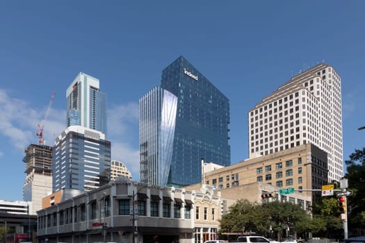 Austin, Texas - November 3, 2023:  facade of modern skyscraper downtown in Austin, USA.
