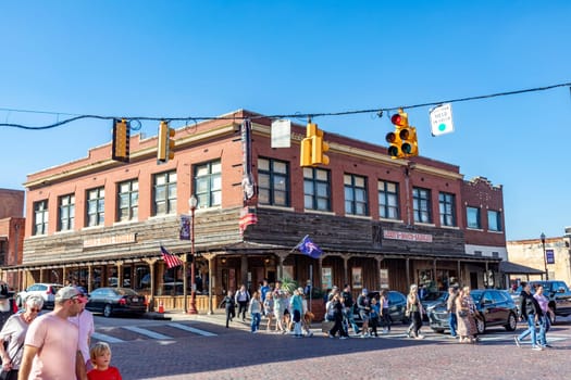Fort Worth, Texas - November 4, 2023: old brick buildings in Fort Worth at Stockyards, the former cattle market.