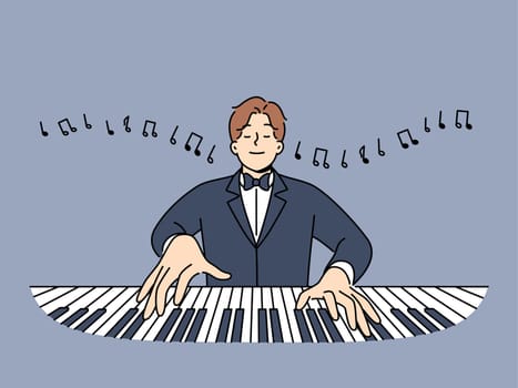 Man maestro plays piano with eyes closed and performs classical compositions in symphony orchestra. Happy maestro in tuxedo enjoys playing musical instrument and working in opera house.
