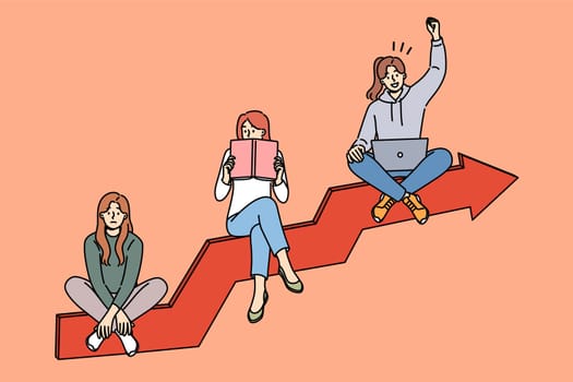 Personal development of woman getting good internet job by reading books, sitting on growing graph. Personal development of person spending free time on education and gaining new knowledge