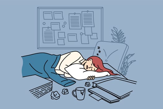 Tired businesswoman sleeps on office desk among papers and kanban board, due to burnout caused by strict deadlines. Sleeping clerk girl is forced to stay overnight at work because of deadlines